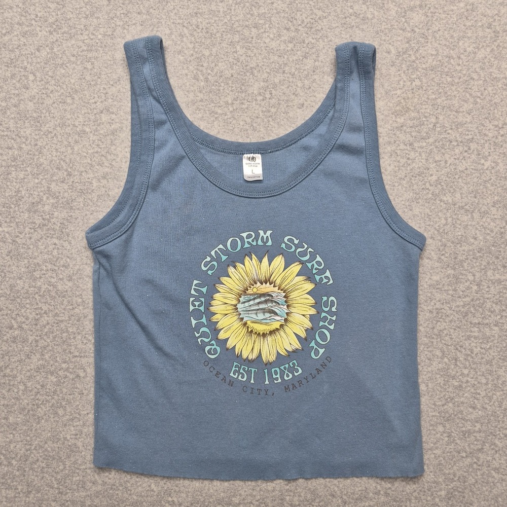 Quiet Storm Surf Shop Tank Top Womens Large Blue Sunflower Graphic Beach Casual